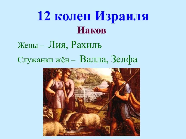 12 колен Израиля Иаков Жены – Лия, Рахиль Служанки жён – Валла, Зелфа