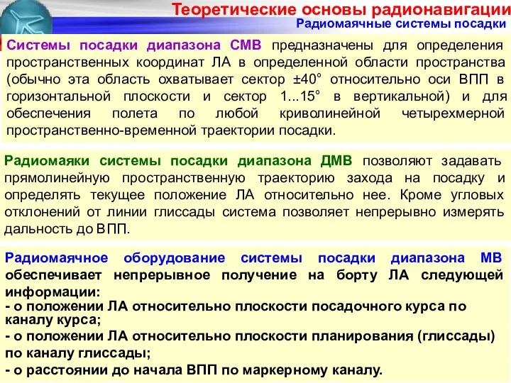 Радиомаячные системы посадки Системы посадки диапазона СМВ предназначены для определения пространственных