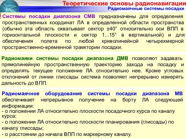 Радиомаячные системы посадки Системы посадки диапазона СМВ предназначены для определения пространственных