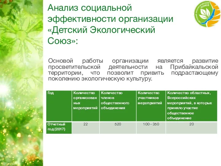 Анализ социальной эффективности организации «Детский Экологический Союз»: Основой работы организации является