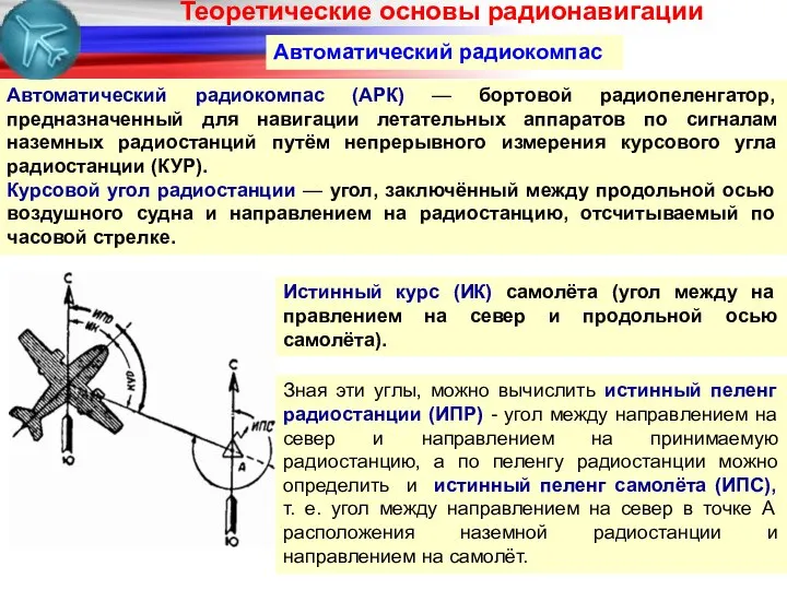 Автоматический радиокомпас Автоматический радиокомпас (АРК) — бортовой радиопеленгатор, предназначенный для навигации