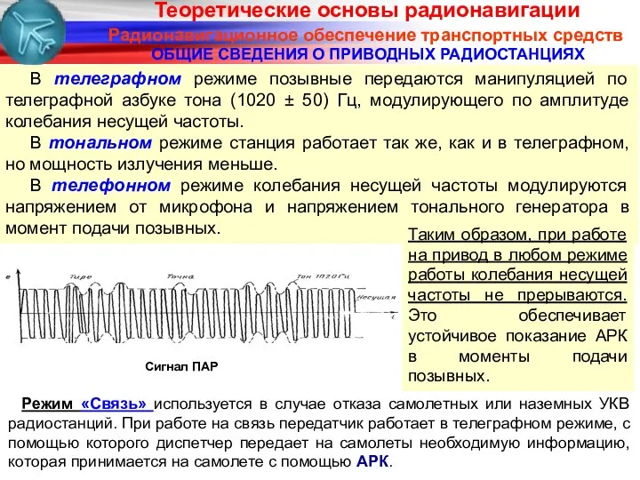 Радионавигационное обеспечение транспортных средств ОБЩИЕ СВЕДЕНИЯ О ПРИВОДНЫХ РАДИОСТАНЦИЯХ Сигнал ПАР