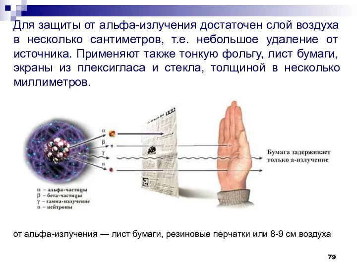 Для защиты от альфа-излучения достаточен слой воздуха в несколько сантиметров, т.е.