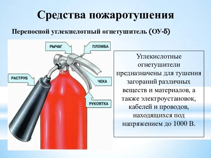 Средства пожаротушения Переносной углекислотный огнетушитель (ОУ-5) Углекислотные огнетушители предназначены для тушения