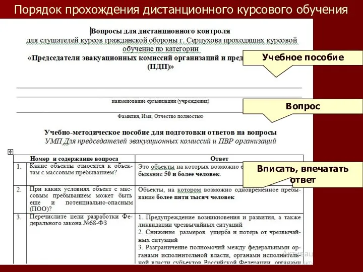 Порядок прохождения дистанционного курсового обучения Учебное пособие Вопрос Вписать, впечатать ответ