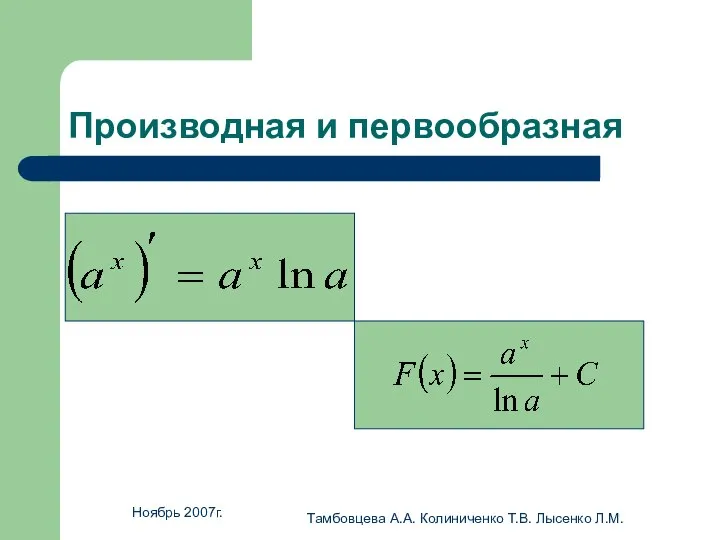 Ноябрь 2007г. Тамбовцева А.А. Колиниченко Т.В. Лысенко Л.М. Производная и первообразная