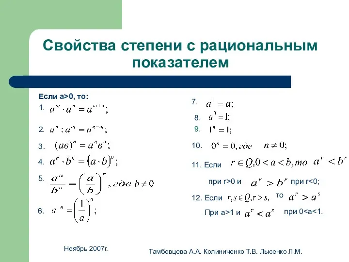 Ноябрь 2007г. Тамбовцева А.А. Колиниченко Т.В. Лысенко Л.М. Свойства степени с