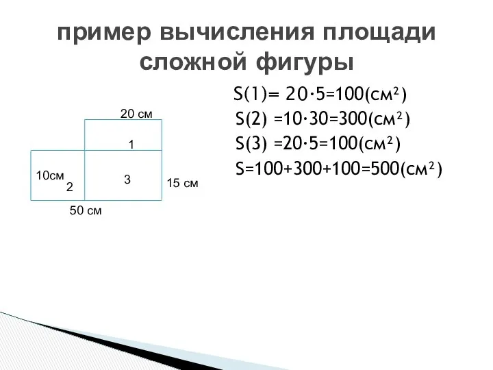 S(1)= 20∙5=100(см²) S(2) =10∙30=300(см²) S(3) =20∙5=100(см²) S=100+300+100=500(см²) пример вычисления площади сложной