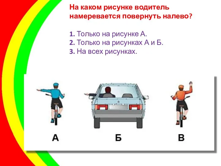 На каком рисунке водитель намеревается повернуть налево? 1. Только на рисунке