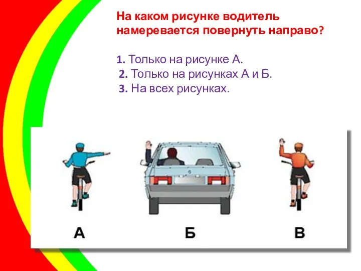 На каком рисунке водитель намеревается повернуть направо? 1. Только на рисунке