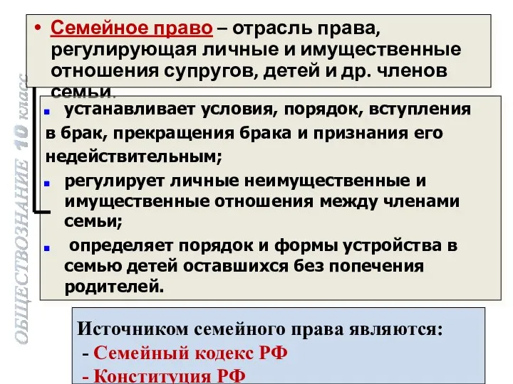 Семейное право – отрасль права, регулирующая личные и имущественные отношения супругов,