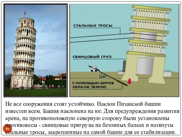 Не все сооружения стоят устойчиво. Наклон Пизанской башни известен всем. Башня