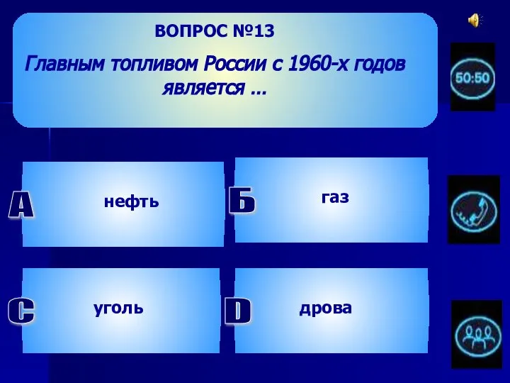 ВОПРОС №13 Главным топливом России с 1960-х годов является … Б D газ уголь дрова