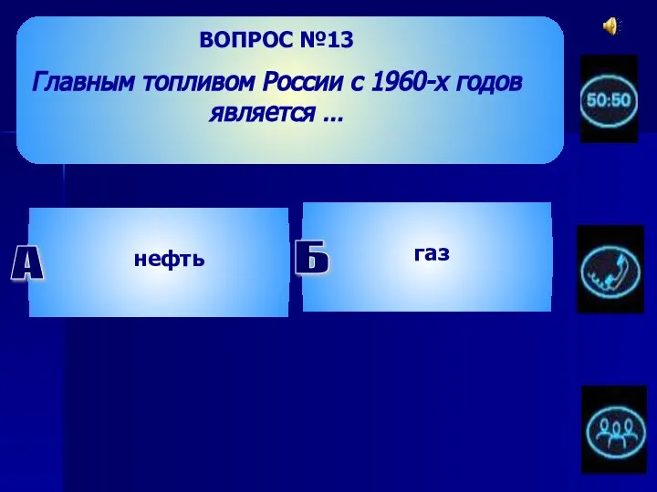 ВОПРОС №13 Главным топливом России с 1960-х годов является … Б газ