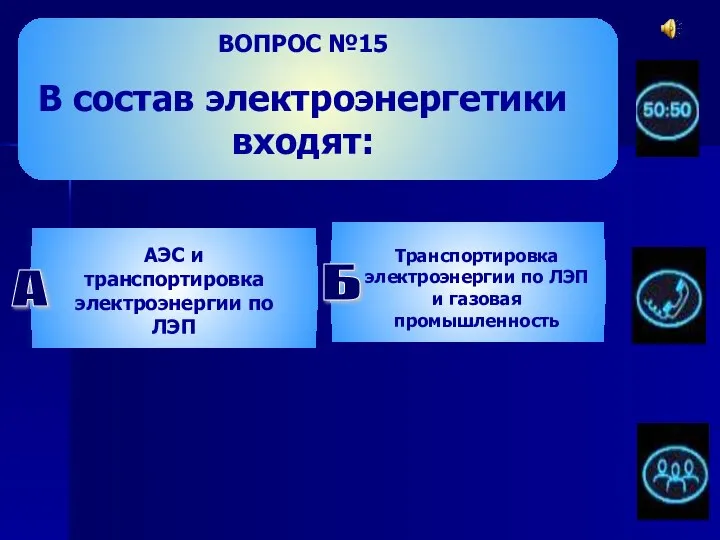 ВОПРОС №15 В состав электроэнергетики входят: Б Транспортировка электроэнергии по ЛЭП и газовая промышленность