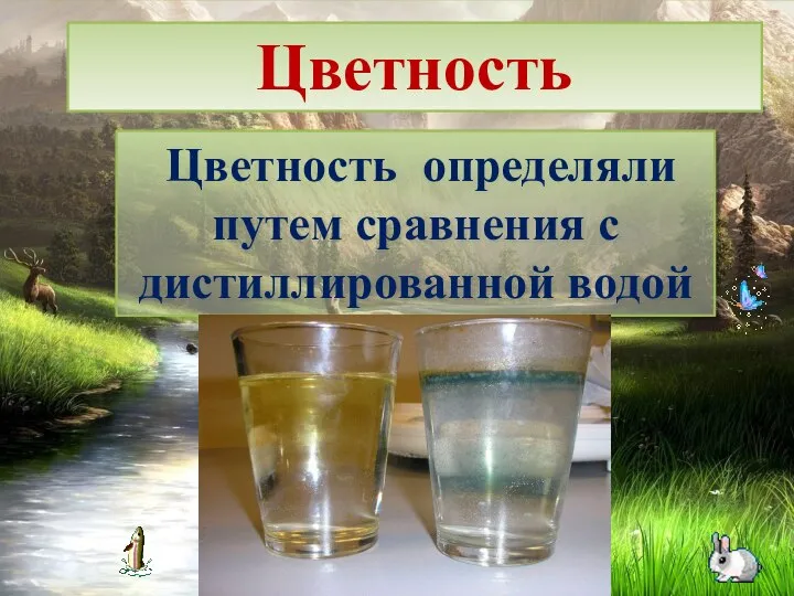 Цветность Цветность определяли путем сравнения с дистиллированной водой