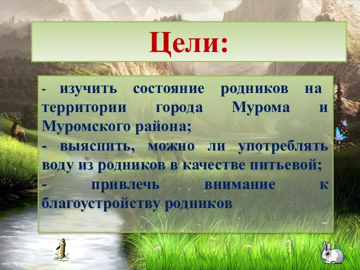 Цели: - изучить состояние родников на территории города Мурома и Муромского