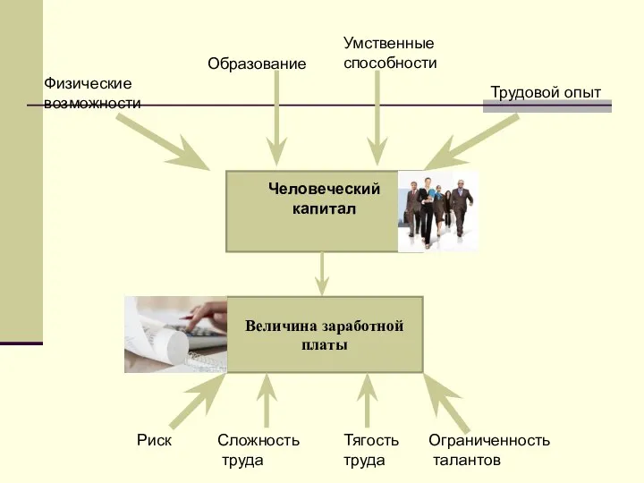 Человеческий капитал Образование Умственные способности Физические возможности Трудовой опыт Величина заработной