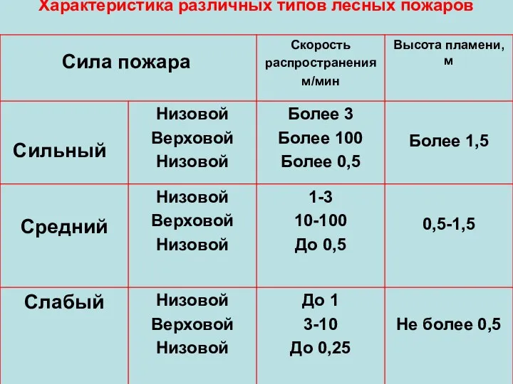 Характеристика различных типов лесных пожаров Сила пожара Сильный