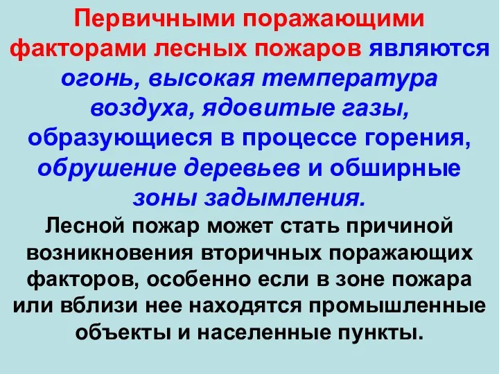 Первичными поражающими факторами лесных пожаров являются огонь, высокая температура воздуха, ядовитые