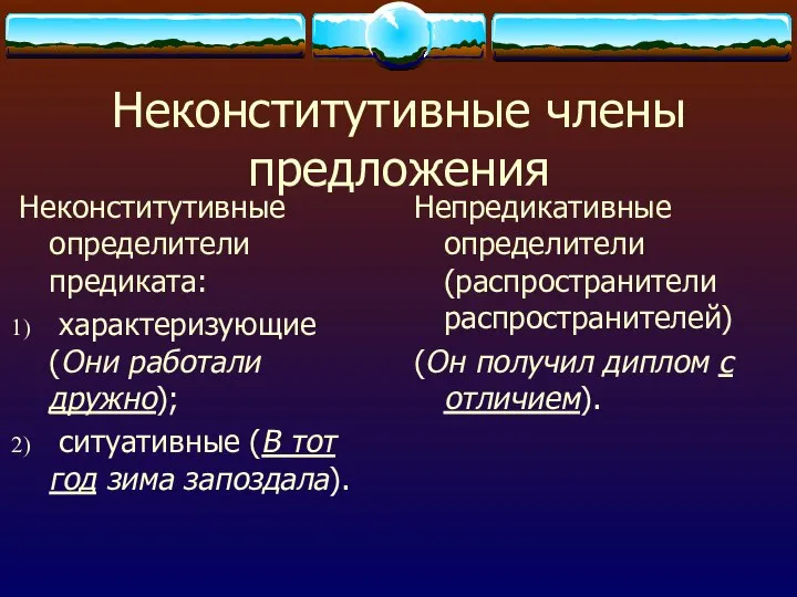 Неконститутивные члены предложения Неконститутивные определители предиката: характеризующие (Они работали дружно); ситуативные