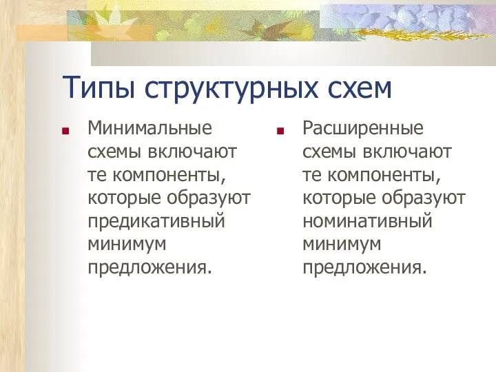 Типы структурных схем Минимальные схемы включают те компоненты, которые образуют предикативный