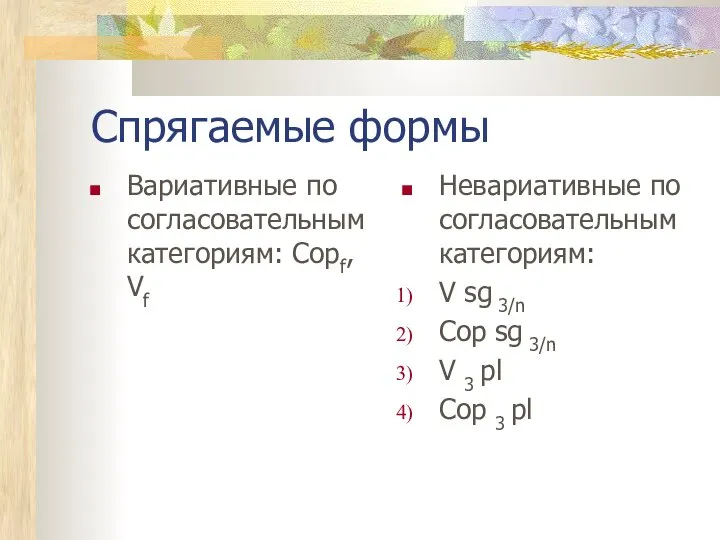 Cпрягаемые формы Вариативные по согласовательным категориям: Copf, Vf Невариативные по согласовательным