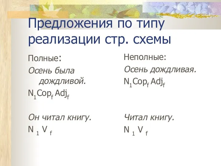 Предложения по типу реализации стр. схемы Полные: Осень была дождливой. N1Copf