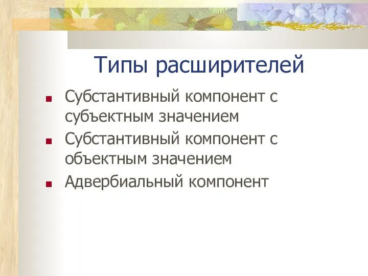 Типы расширителей Субстантивный компонент с субъектным значением Субстантивный компонент с объектным значением Адвербиальный компонент