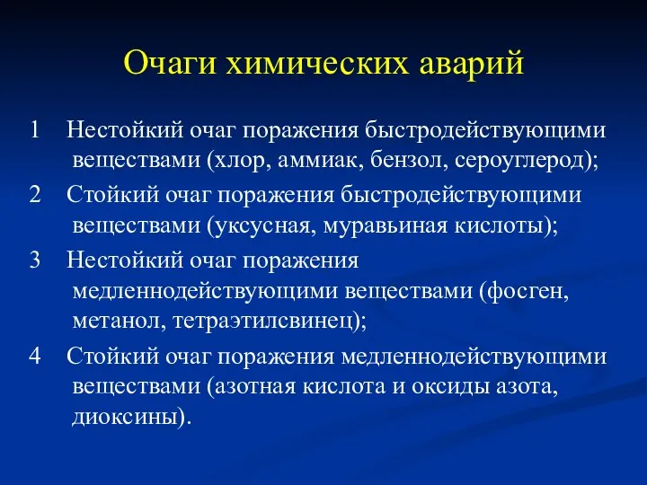 Очаги химических аварий 1 Нестойкий очаг поражения быстродействующими веществами (хлор, аммиак,