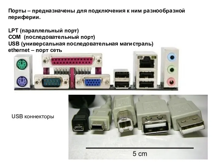 Порты – предназначены для подключения к ним разнообразной периферии. LPT (параллельный