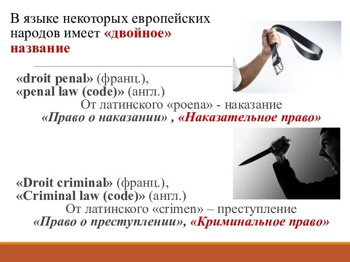 В языке некоторых европейских народов имеет «двойное» название «droit penal» (франц.),