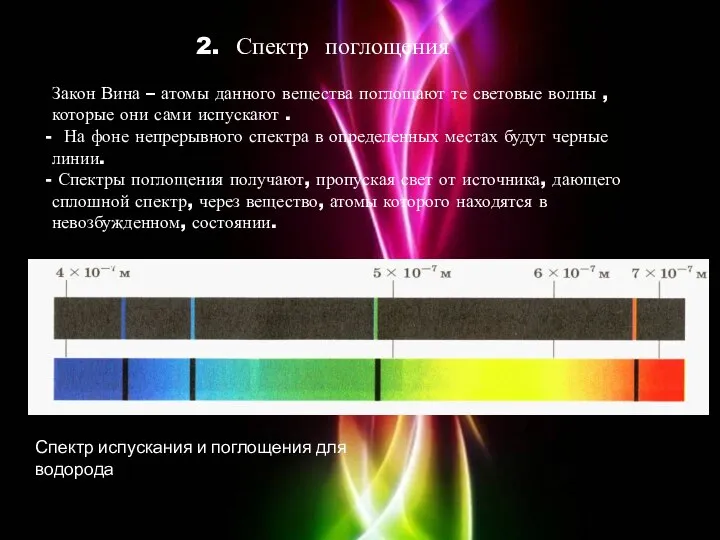 2. Спектр поглощения Закон Вина – атомы данного вещества поглощают те