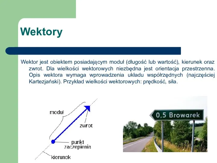 Wektory Wektor jest obiektem posiadającym moduł (długość lub wartość), kierunek oraz