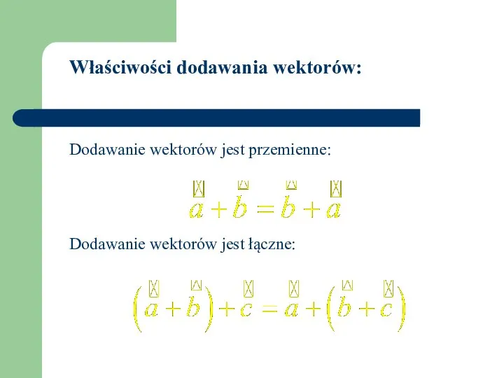 Właściwości dodawania wektorów: Dodawanie wektorów jest przemienne: Dodawanie wektorów jest łączne: