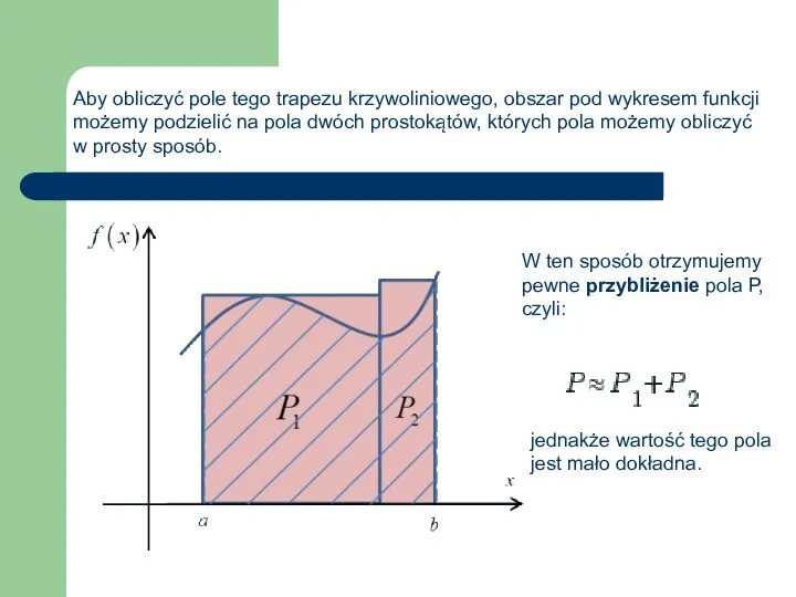 Aby obliczyć pole tego trapezu krzywoliniowego, obszar pod wykresem funkcji możemy