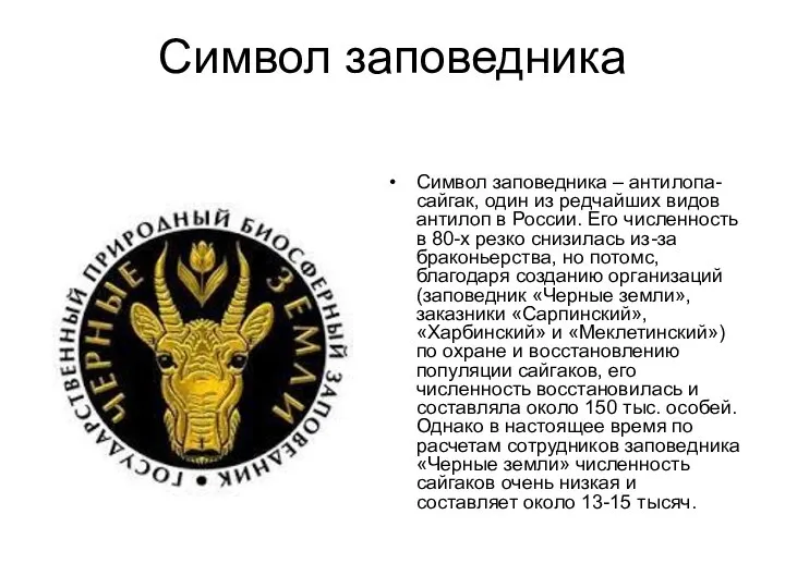 Символ заповедника Символ заповедника – антилопа-сайгак, один из редчайших видов антилоп