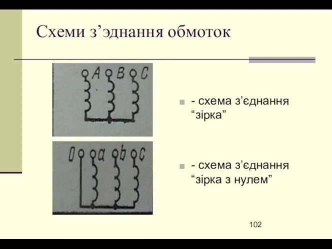 Схеми з’эднання обмоток - схема з’єднання “зірка” - схема з’єднання “зірка з нулем”