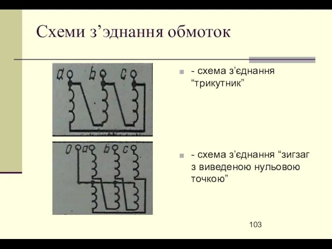 Схеми з’эднання обмоток - схема з’єднання “трикутник” - схема з’єднання “зигзаг з виведеною нульовою точкою”