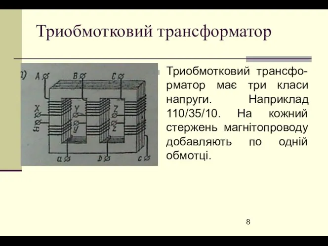 Триобмотковий трансформатор Триобмотковий трансфо-рматор має три класи напруги. Наприклад 110/35/10. На