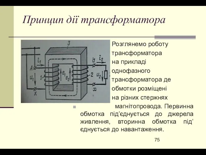 Принцип дії трансформатора Розглянемо роботу трансформатора на прикладі однофазного трансформатора де