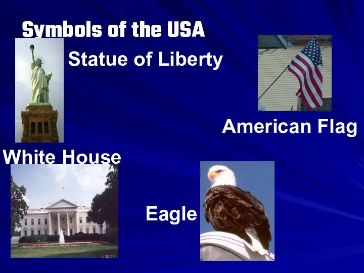 Symbols of the USA American Flag Statue of Liberty White House Eagle
