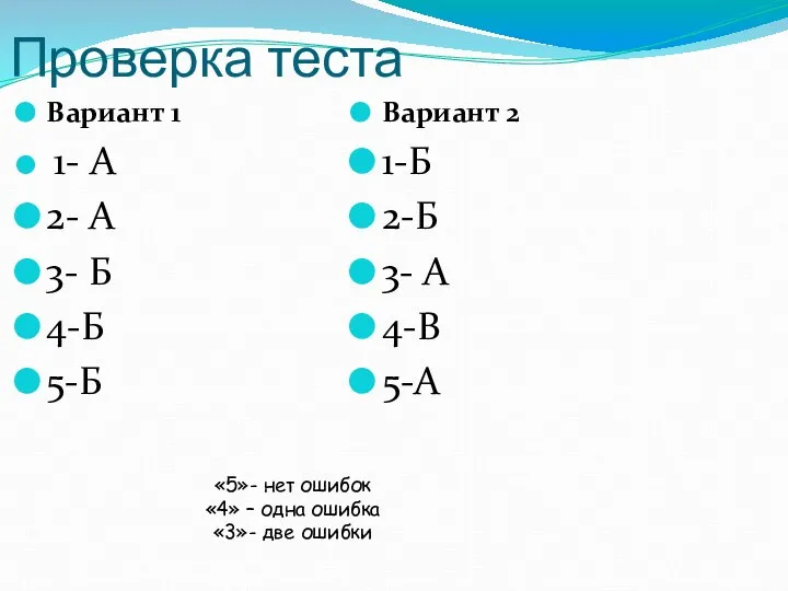 Проверка теста Вариант 1 1- А 2- А 3- Б 4-Б