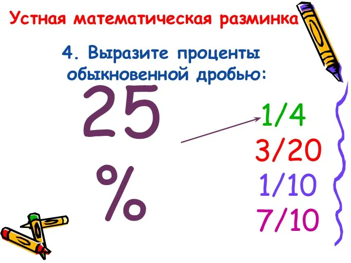 Устная математическая разминка 4. Выразите проценты обыкновенной дробью: 25% 1/4 3/20 1/10 7/10