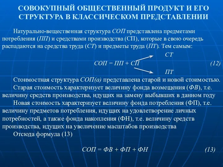 СОВОКУПНЫЙ ОБЩЕСТВЕННЫЙ ПРОДУКТ И ЕГО СТРУКТУРА В КЛАССИЧЕСКОМ ПРЕДСТАВЛЕНИИ Натурально-вещественная структура