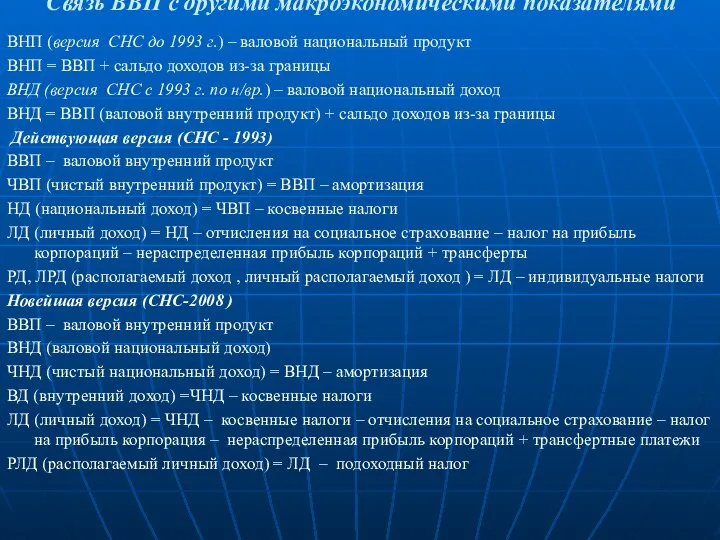 Связь ВВП с другими макроэкономическими показателями ВНП (версия СНС до 1993