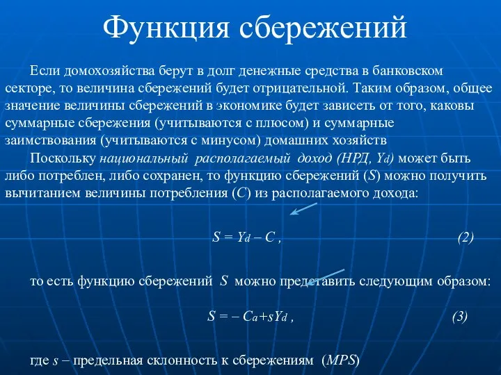 Функция сбережений Если домохозяйства берут в долг денежные средства в банковском