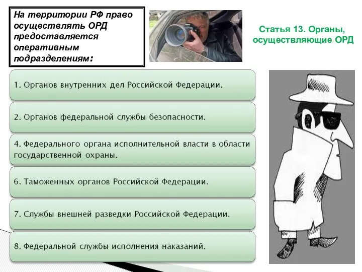 Статья 13. Органы, осуществляющие ОРД На территории РФ право осуществлять ОРД предоставляется оперативным подразделениям: