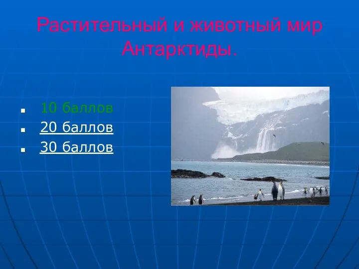 Растительный и животный мир Антарктиды. 10 баллов 20 баллов 30 баллов