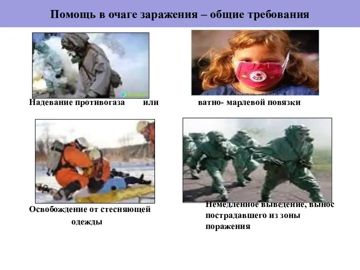 Помощь в очаге заражения – общие требования Надевание противогаза или ватно-